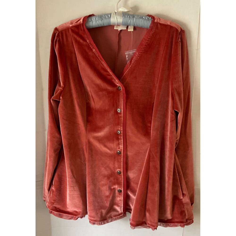 LOGO Lavish Lori Goldstein Velvet Button Front Cardigan Mesh Trim Rose M